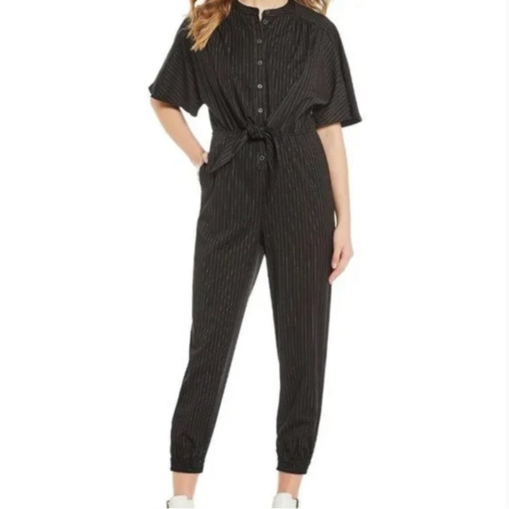 A LOVES A Black/White Pinstripe Short Sleeve Jumpsuit, Tie Front Detail, Pockets